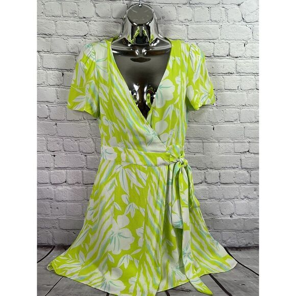 French Connection Diah Crepe Faux Wrap Dress Mini Size‎ XS Lime Punch - Picture 1 of 8